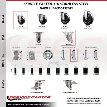Service Caster 3 Inch 316SS Hard Rubber Wheel Swivel 3/8 Inch Threaded Stem Caster SCC SCC-SS316TS20S314-HRS-381615